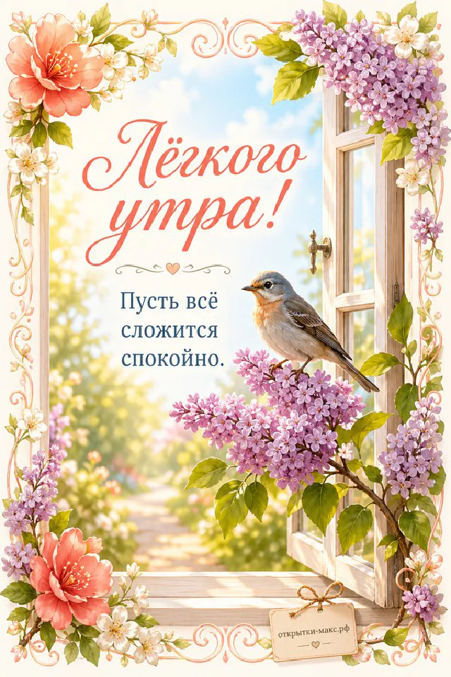 Нежная открытка «Лёгкого утра» в голубых тонах с белым цветком, эвкалиптом, конвертом и атласной лентой — вариант 4
