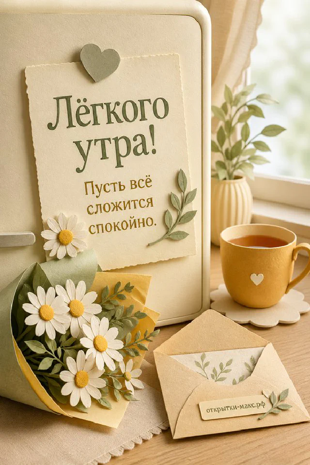 Нежная открытка «Лёгкого утра» в голубых тонах с белым цветком, эвкалиптом, конвертом и атласной лентой — вариант 5