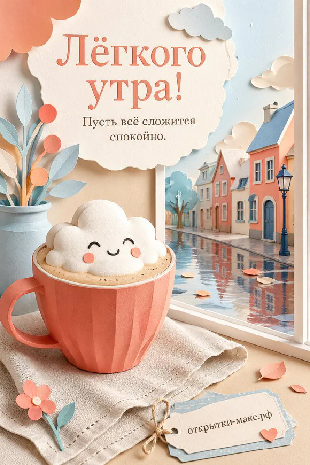 Нежная открытка «Лёгкого утра» в голубых тонах с белым цветком, эвкалиптом, конвертом и атласной лентой — вариант 7