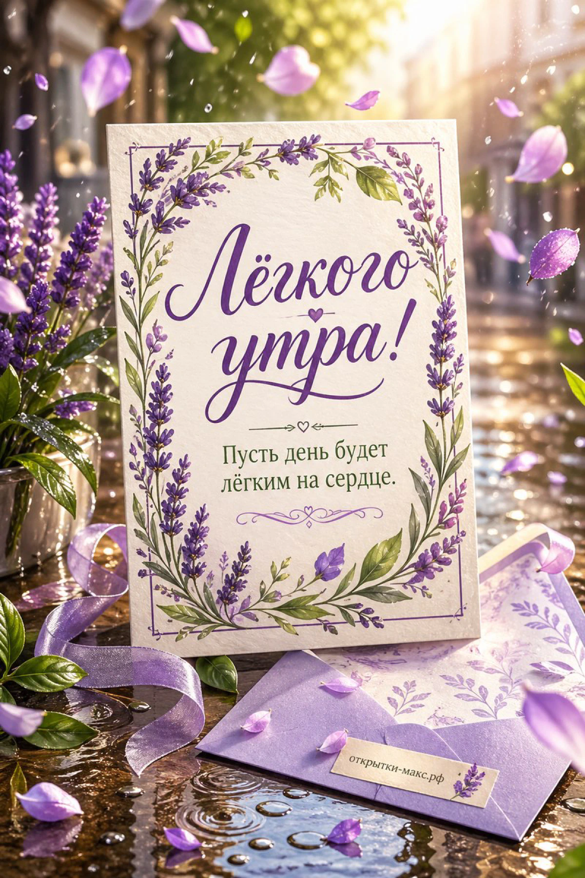 Бумажная карточка с лавандой и фиолетовый конверт на мокрой мостовой среди лепестков, надпись «Лёгкого утра!»