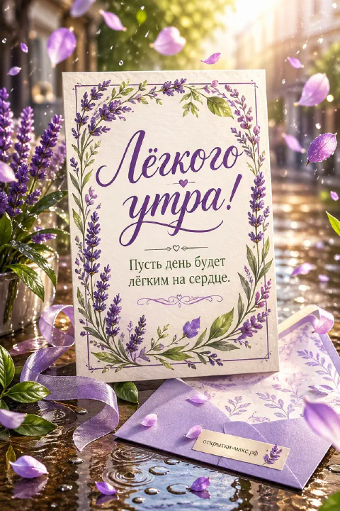 Бумажная карточка с лавандой и фиолетовый конверт на мокрой мостовой среди лепестков, надпись «Лёгкого утра!»