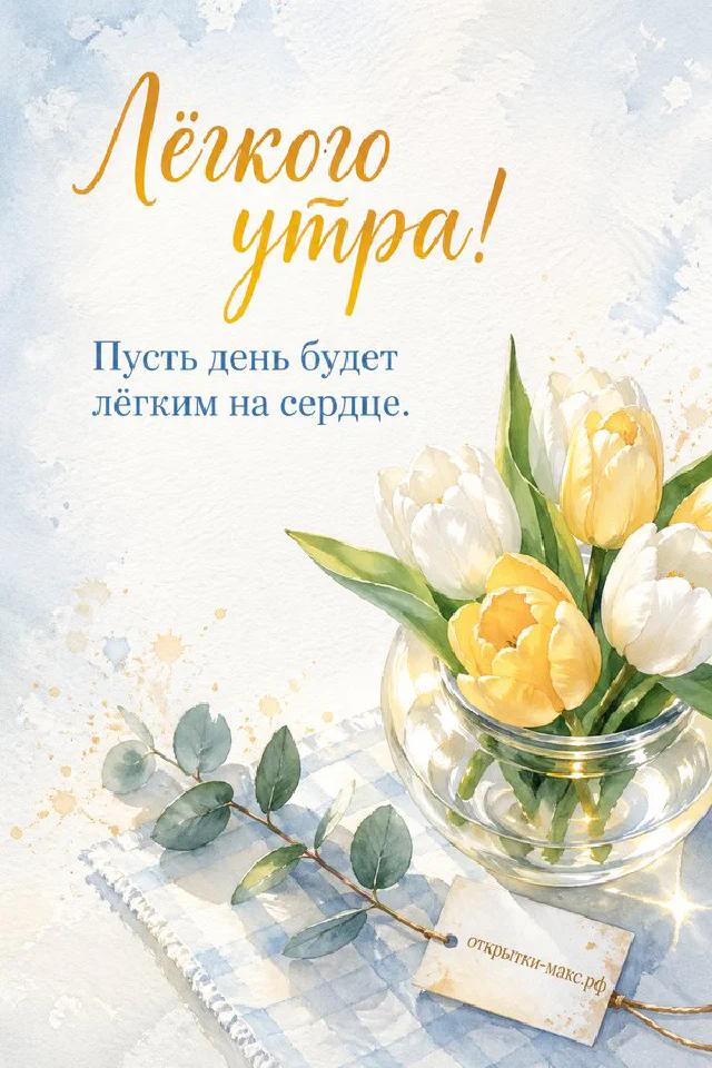 Бумажная карточка с лавандой и фиолетовый конверт на мокрой мостовой среди лепестков, надпись «Лёгкого утра!» — вариант 3