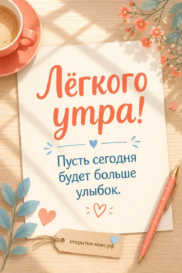Открытка «Лёгкого утра» с персиковым пледом, цветущей веточкой сакуры и карточкой на голубом фоне — вариант 5
