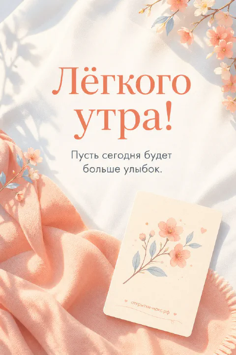Открытка «Лёгкого утра» с персиковым пледом, цветущей веточкой сакуры и карточкой на голубом фоне