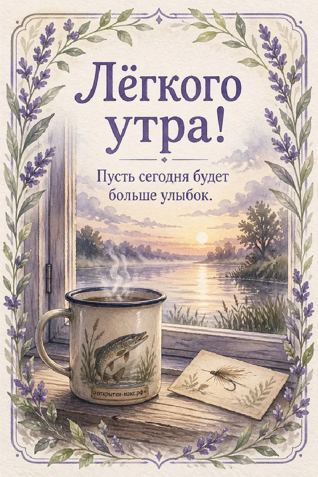 Открытка «Лёгкого утра» с персиковым пледом, цветущей веточкой сакуры и карточкой на голубом фоне — вариант 2
