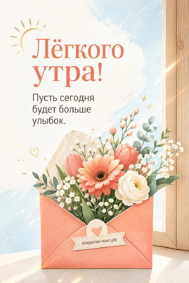 Открытка «Лёгкого утра» с персиковым пледом, цветущей веточкой сакуры и карточкой на голубом фоне — вариант 3