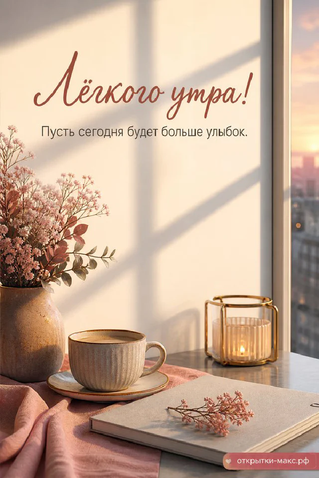 Открытка «Лёгкого утра» с персиковым пледом, цветущей веточкой сакуры и карточкой на голубом фоне — вариант 4