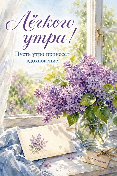 Акварельный букет сирени в стеклянной вазе у открытого окна с письмом на подоконнике