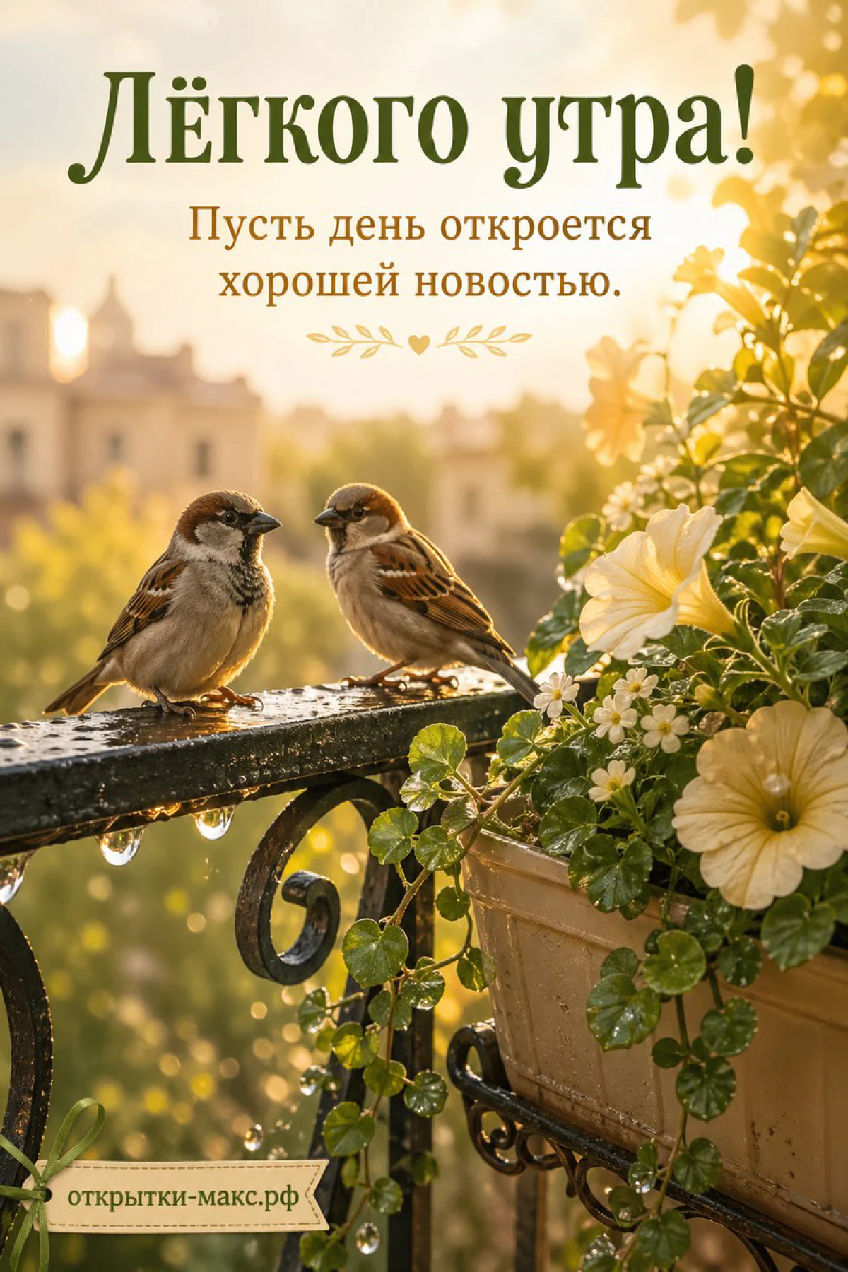 Два воробья сидят на кованых перилах балкона рядом с горшком белых цветов в золотистом рассветном свете
