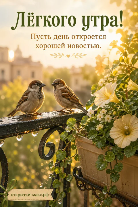 Два воробья сидят на кованых перилах балкона рядом с горшком белых цветов в золотистом рассветном свете