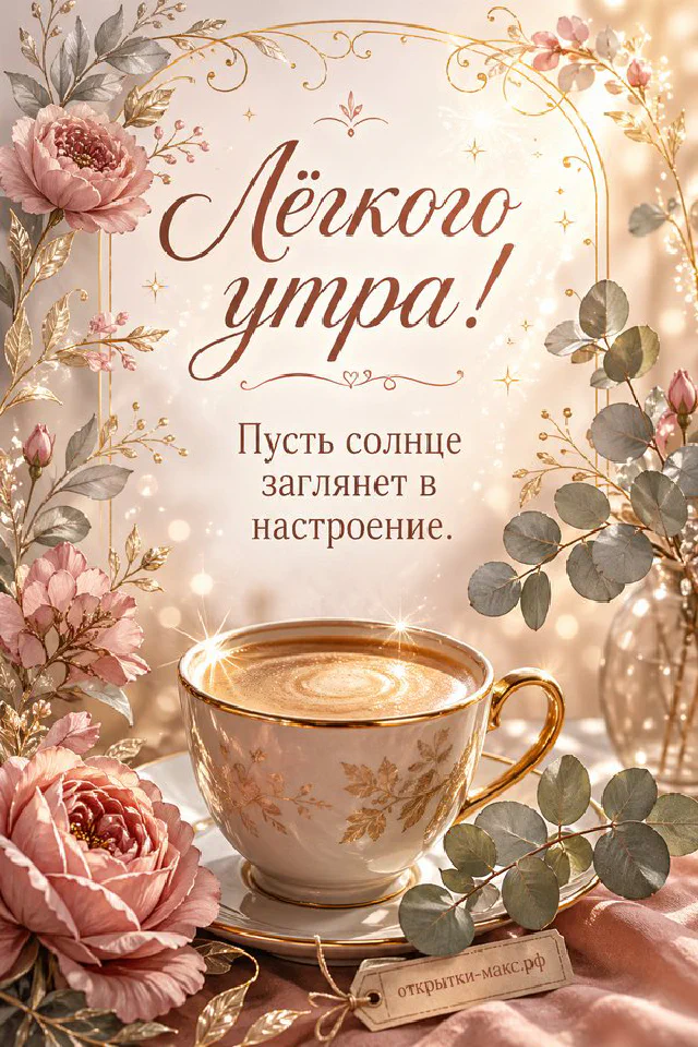 Чашка чая с веточками лаванды и тарелочка с печеньем у солнечного зимнего окна, надпись «Лёгкого утра!» — вариант 2