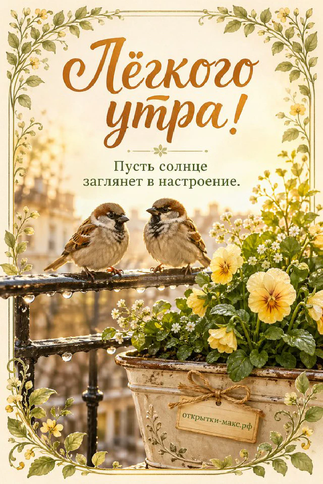 Чашка чая с веточками лаванды и тарелочка с печеньем у солнечного зимнего окна, надпись «Лёгкого утра!» — вариант 3