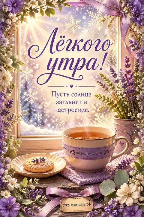 Чашка чая с веточками лаванды и тарелочка с печеньем у солнечного зимнего окна, надпись «Лёгкого утра!»