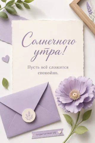 Лиловый конверт с восковой печатью, крупный сиреневый мак и листва на светлом фоне с надписью «Солнечного утра»