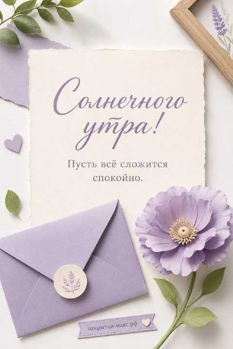 Лиловый конверт с восковой печатью, крупный сиреневый мак и листва на светлом фоне с надписью «Солнечного утра»