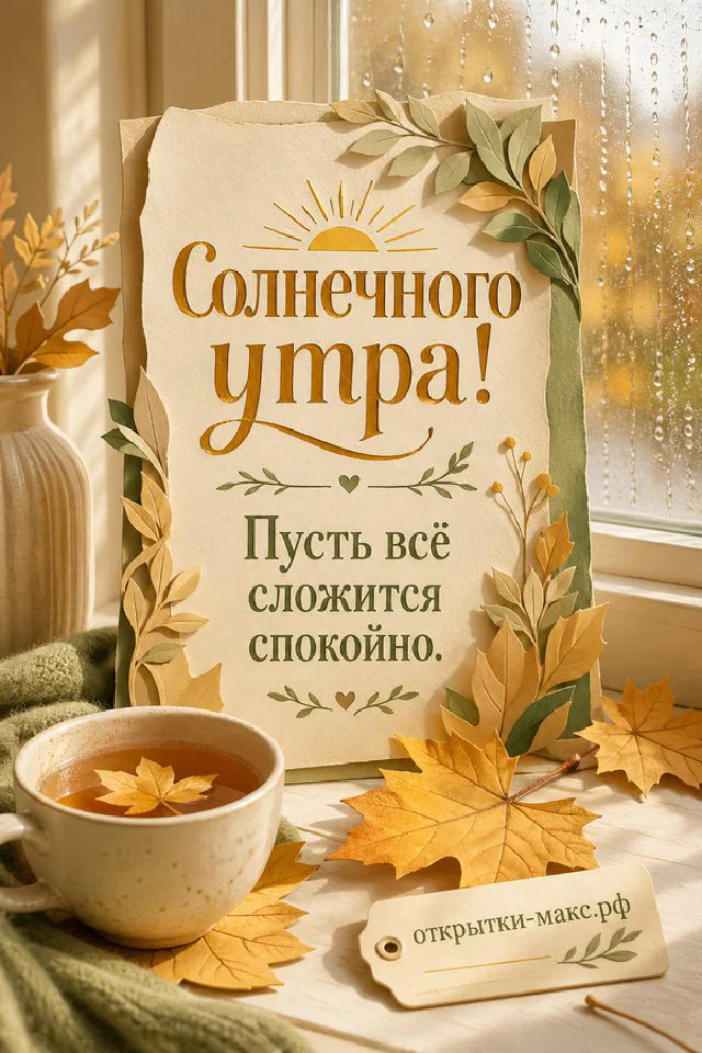 Лиловый конверт с восковой печатью, крупный сиреневый мак и листва на светлом фоне с надписью «Солнечного утра» — вариант 2