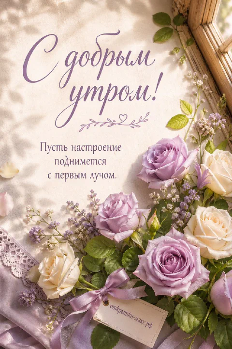 Букет лиловых и кремовых роз на кружевной ткани в солнечном свете у деревянного окна
