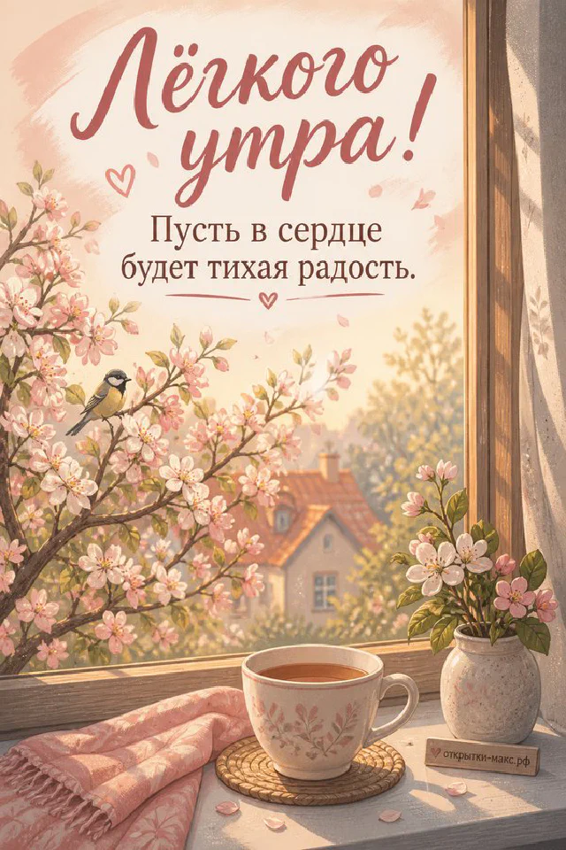 Чашка чая на книге у окна со снежинками и гирляндой среди розовых цветов — вариант 7