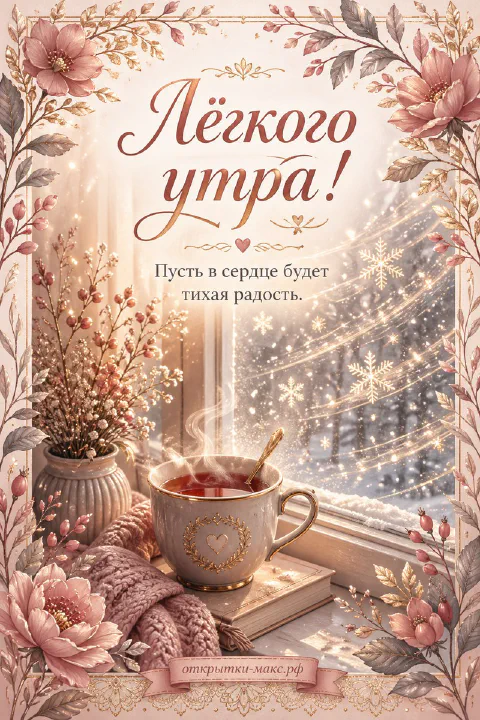 Чашка чая на книге у окна со снежинками и гирляндой среди розовых цветов