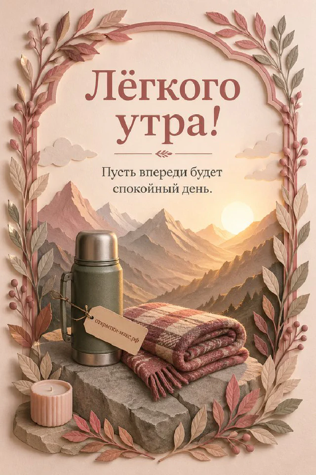 Белая чашка кофе на блюдце на льняной салфетке, рядом стеклянная ваза с веточками гипсофилы, по краю венок из мелких цветов — вариант 2