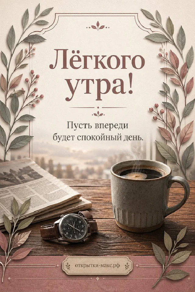 Белая чашка кофе на блюдце на льняной салфетке, рядом стеклянная ваза с веточками гипсофилы, по краю венок из мелких цветов — вариант 3