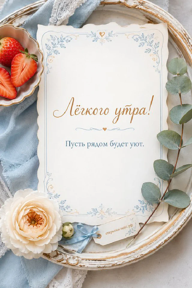 Клубника в чашке-сердце рядом с кремовым пионом и эвкалиптом на белом подносе — вариант 5