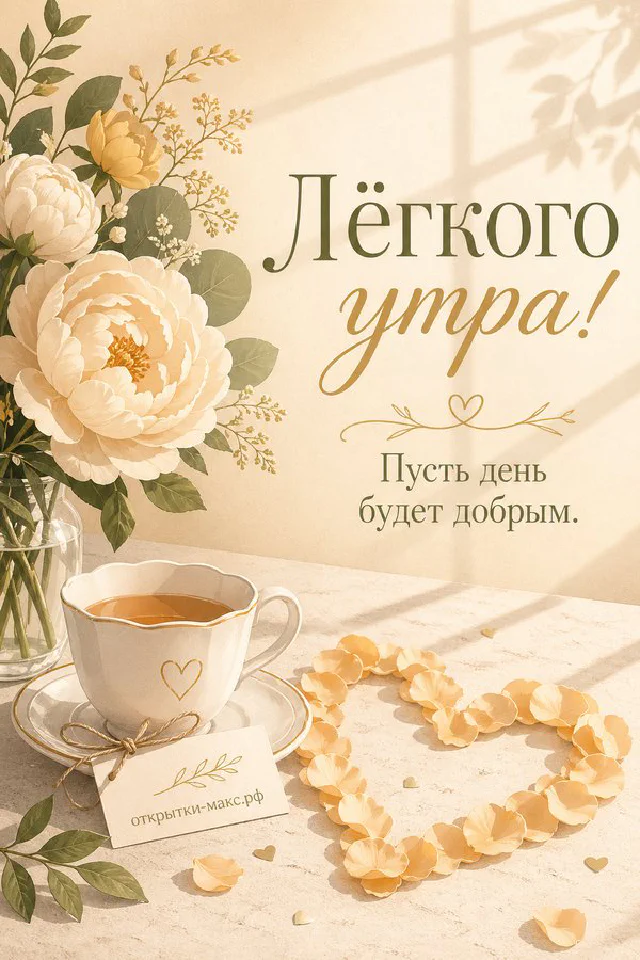 Бумажная открытка с надписью «Лёгкого утра!» среди ромашек и сухоцветов на светлом столе — вариант 2