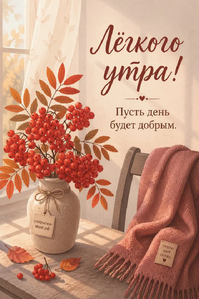 Бумажная открытка с надписью «Лёгкого утра!» среди ромашек и сухоцветов на светлом столе — вариант 3