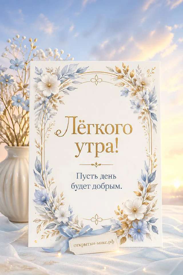 Бумажная открытка с надписью «Лёгкого утра!» среди ромашек и сухоцветов на светлом столе — вариант 4