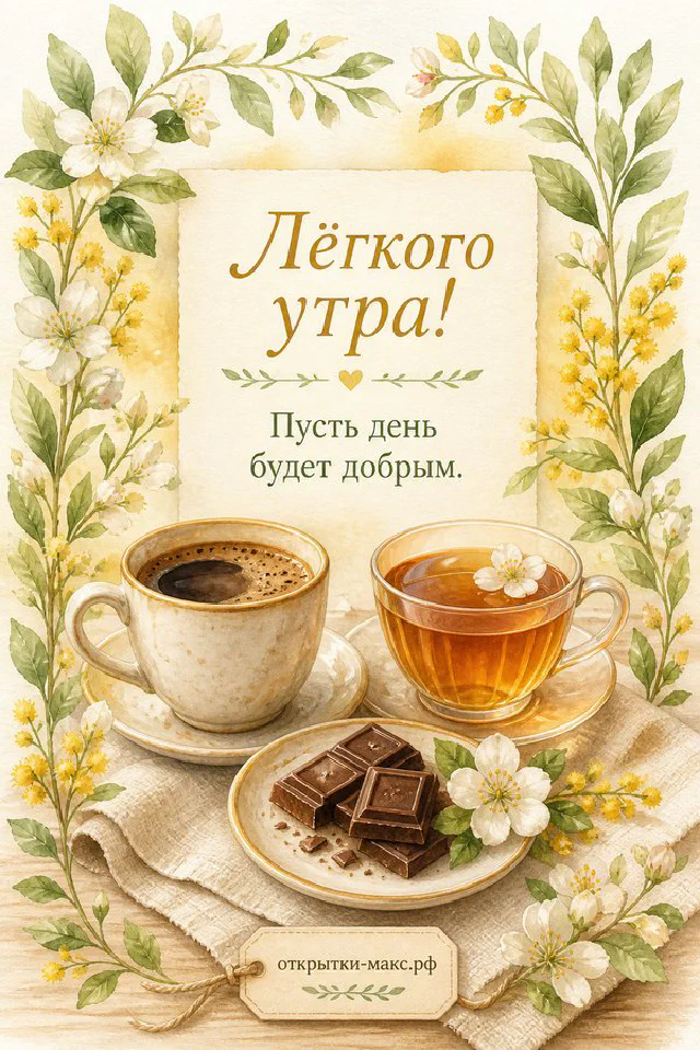 Бумажная открытка с надписью «Лёгкого утра!» среди ромашек и сухоцветов на светлом столе — вариант 6