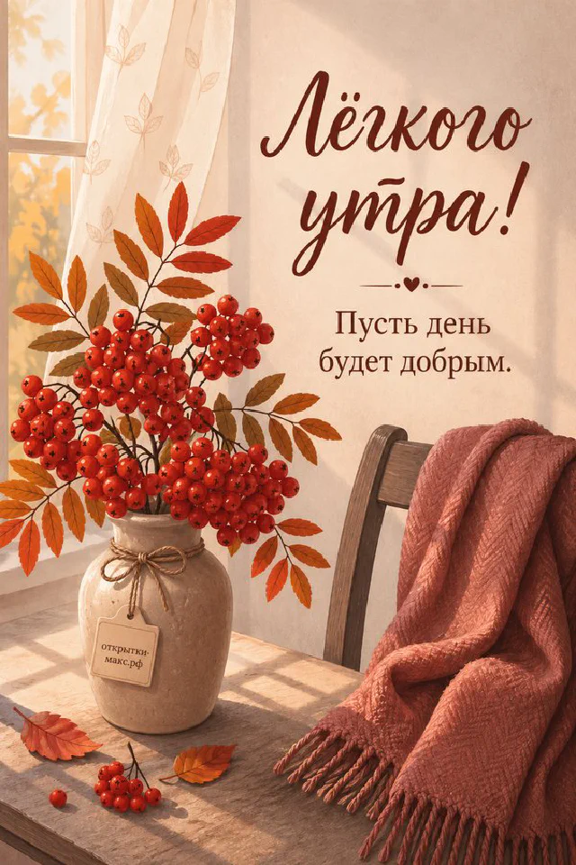 Бумажная открытка с надписью «Лёгкого утра!» среди ромашек и сухоцветов на светлом столе — вариант 8
