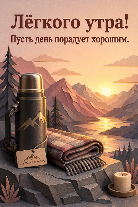 Металлический термос и клетчатый плед на камне на фоне рассвета в горах