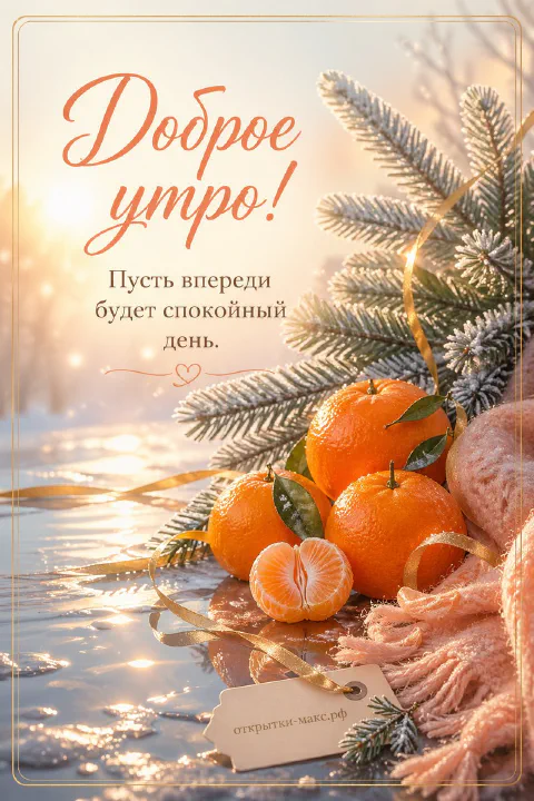 Спелые мандарины у заснеженной еловой ветки с розовым шарфом в утреннем золотом свете