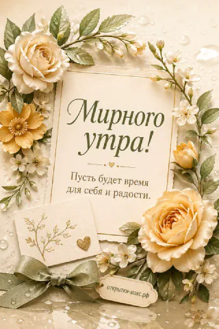 Кремовые розы в цветочной рамке с маленьким конвертом с сердечком и зелёной атласной лентой