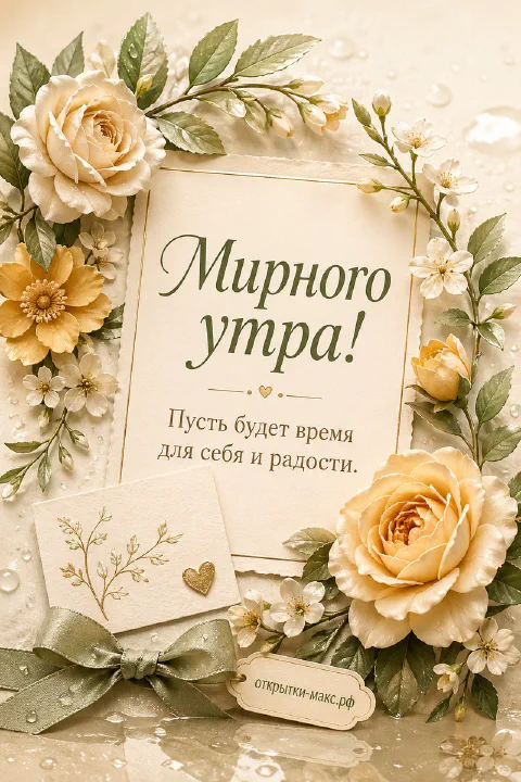 Кремовые розы в цветочной рамке с маленьким конвертом с сердечком и зелёной атласной лентой