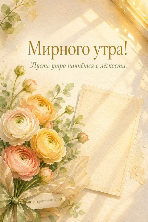 Акварельный букет полевых цветов с зелёными листьями на светлом фоне, надпись «Мирного утра»