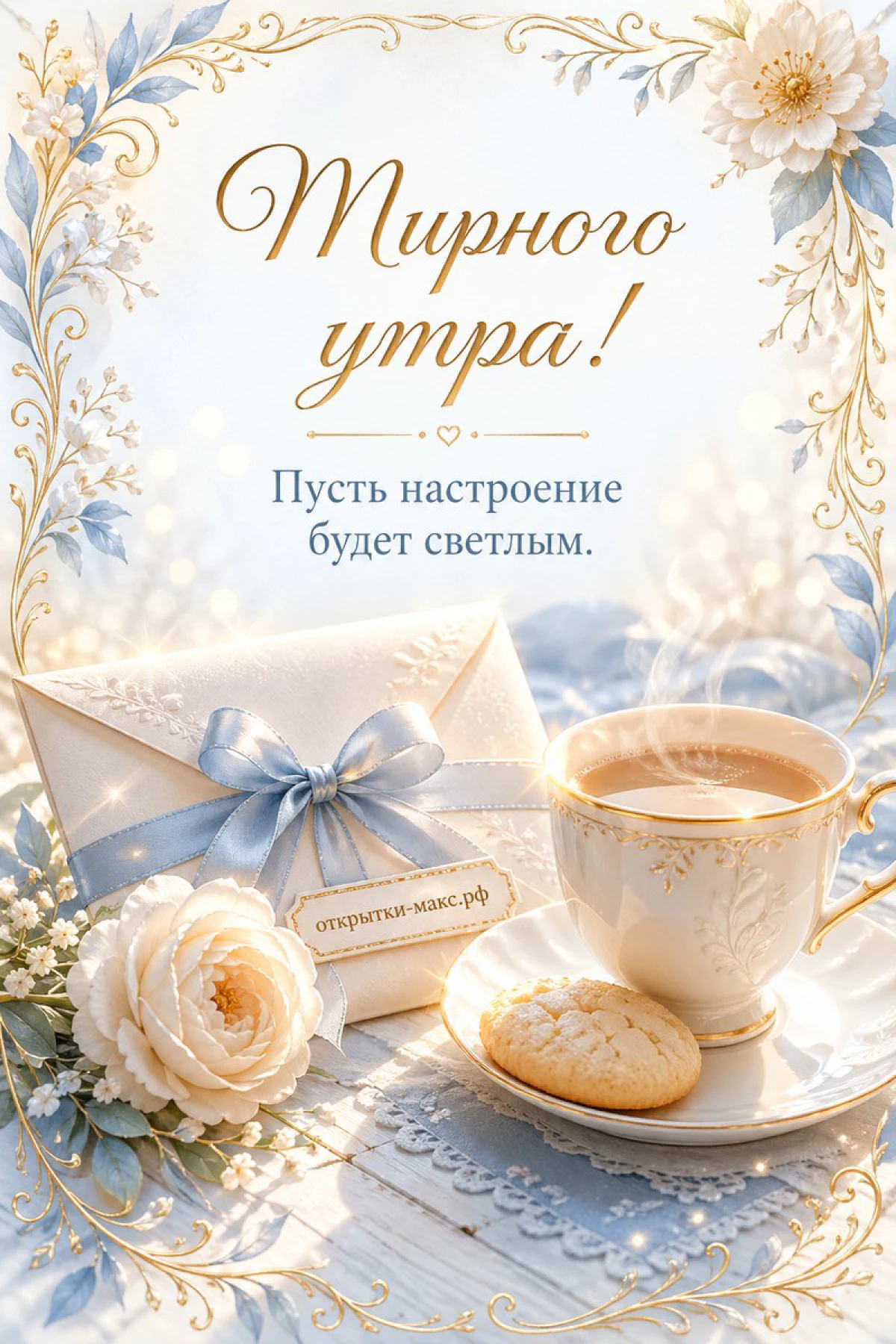 Фарфоровая чашка чая с печеньем, конверт с голубой лентой и белая роза на белом кружевном фоне с золотыми узорами, надпись «Мирного утра»
