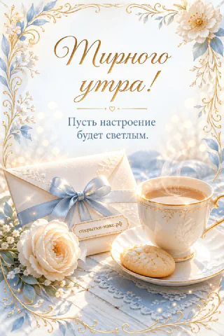 Фарфоровая чашка чая с печеньем, конверт с голубой лентой и белая роза на белом кружевном фоне с золотыми узорами, надпись «Мирного утра»