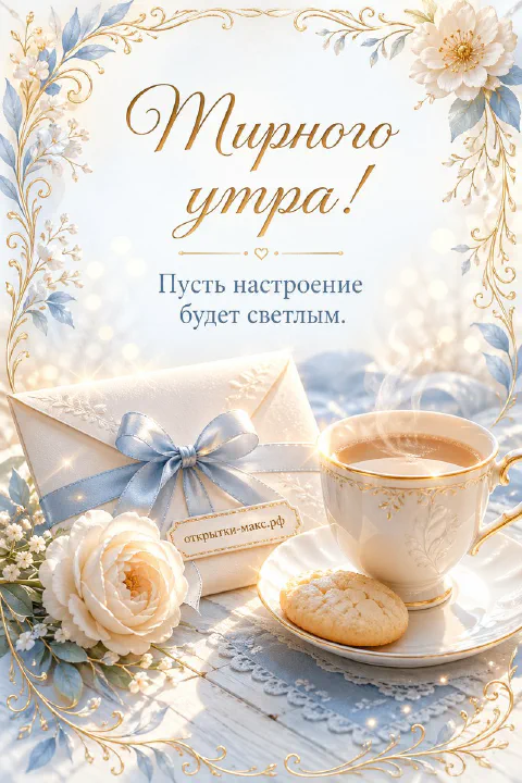 Фарфоровая чашка чая с печеньем, конверт с голубой лентой и белая роза на белом кружевном фоне с золотыми узорами, надпись «Мирного утра»