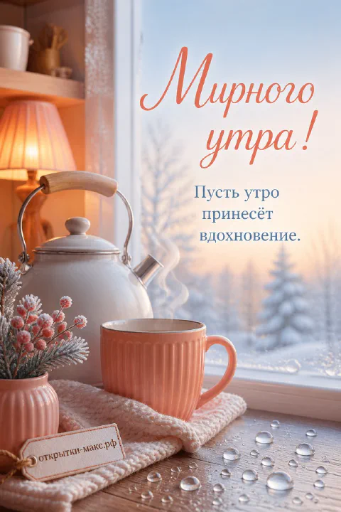 Белый эмалевый чайник и розовая рифлёная чашка чая на подоконнике у заснеженного окна с елями