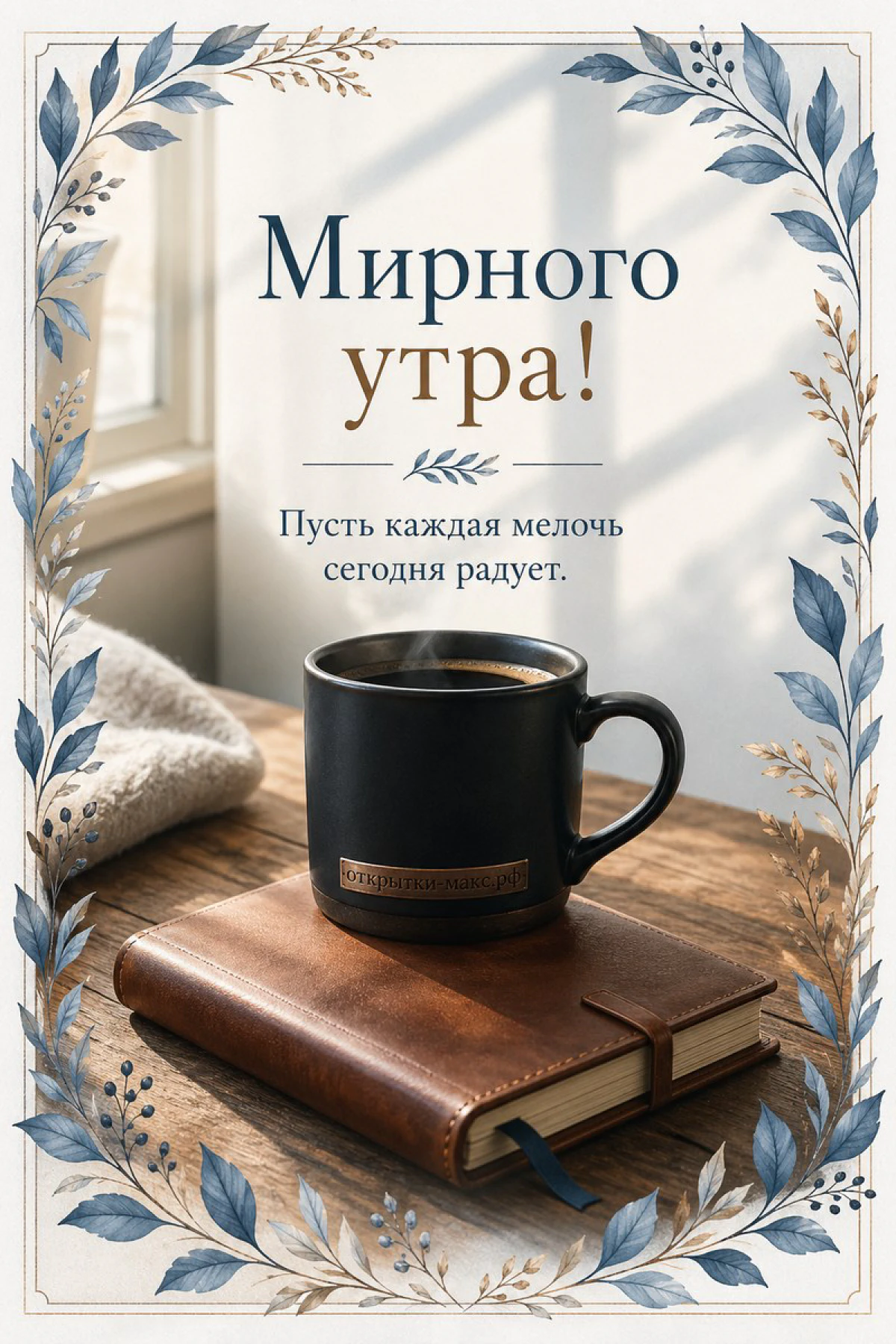 Чёрная матовая кружка с кофе на кожаном блокноте в акварельной рамке из синих ботанических листьев