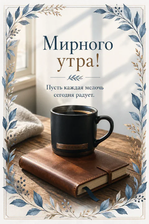 Чёрная матовая кружка с кофе на кожаном блокноте в акварельной рамке из синих ботанических листьев