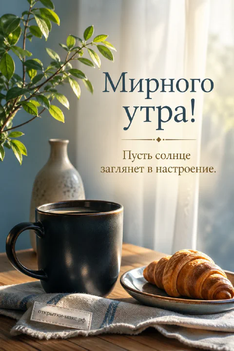 Чёрная кружка кофе с круассаном на деревянном подносе у окна с солнечным светом