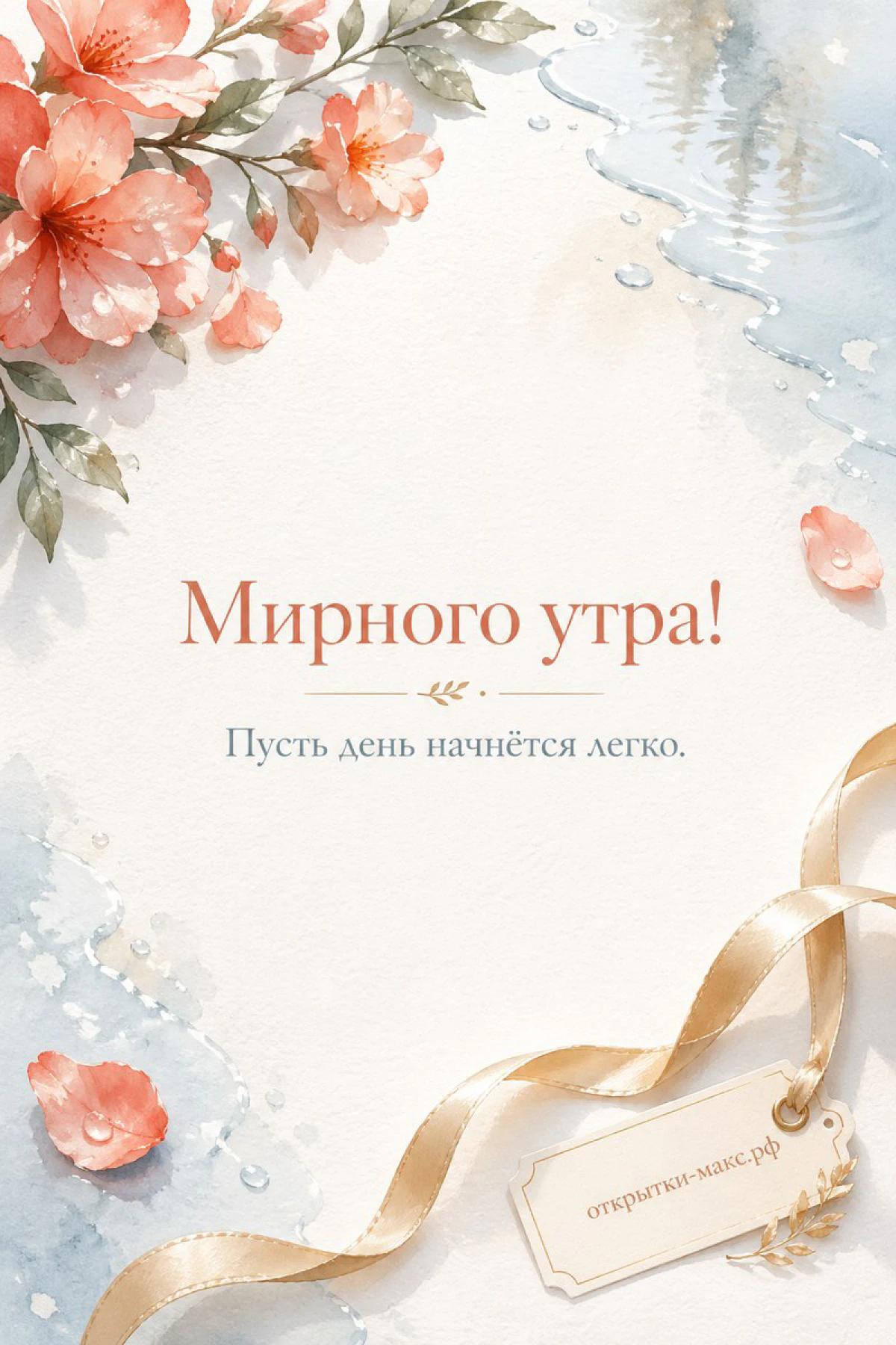 Коралловые акварельные цветы в углу открытки и золотистая лента с биркой, надпись «Мирного утра!»