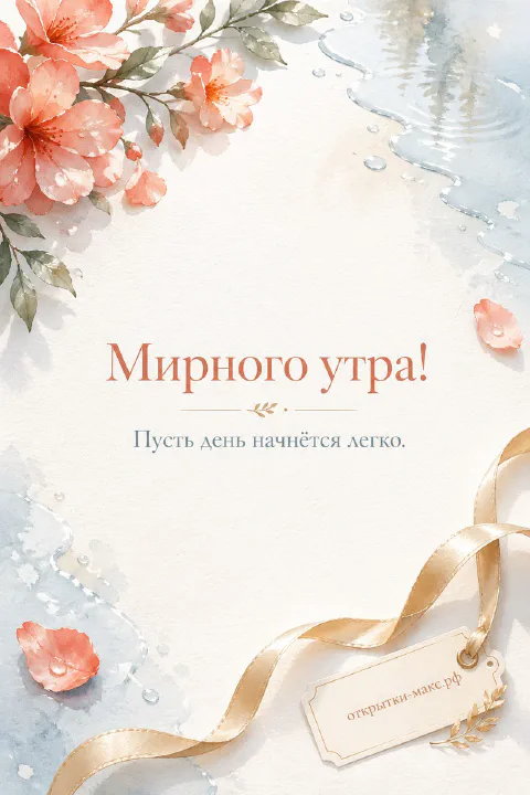 Коралловые акварельные цветы в углу открытки и золотистая лента с биркой, надпись «Мирного утра!»