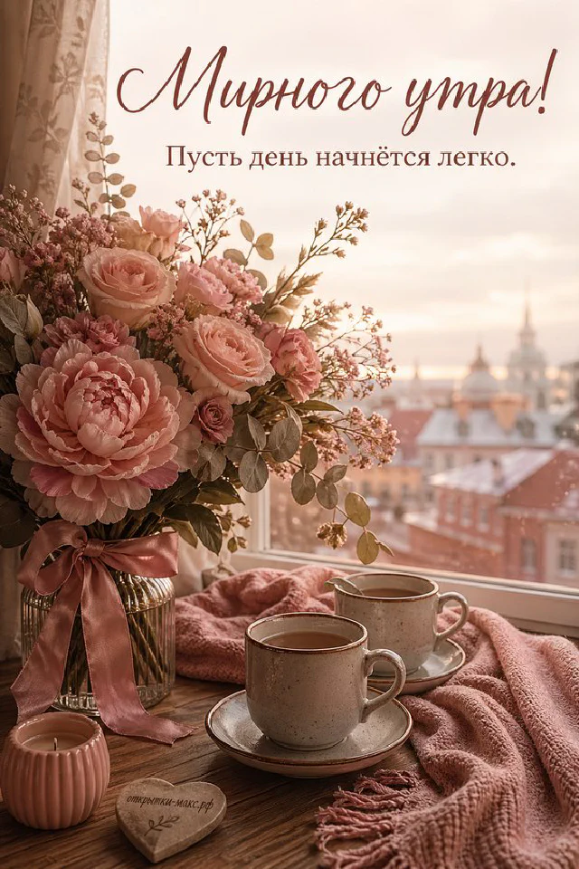 Коралловые акварельные цветы в углу открытки и золотистая лента с биркой, надпись «Мирного утра!» — вариант 3