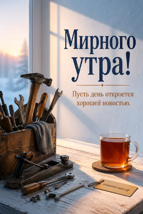 Деревянный ящик с инструментами — молотками, ключами и стамесками — рядом с чашкой чая у заснеженного окна