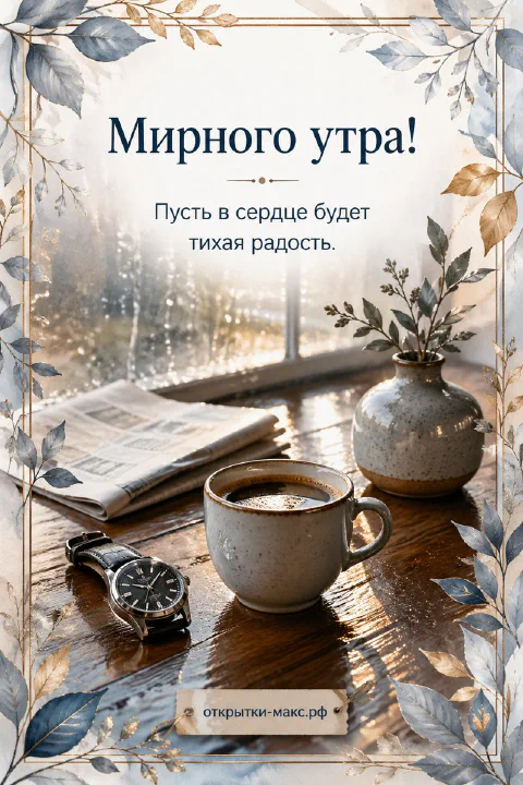 Чашка кофе, сложенная газета, наручные часы и ваза с веточками на тёмном дереве, надпись «Мирного утра!»