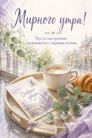 Деревянный поднос с кофе, круассаном и открыткой на фоне дождливого городского окна