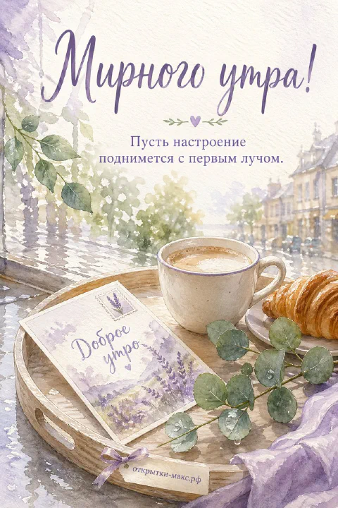 Деревянный поднос с кофе, круассаном и открыткой на фоне дождливого городского окна